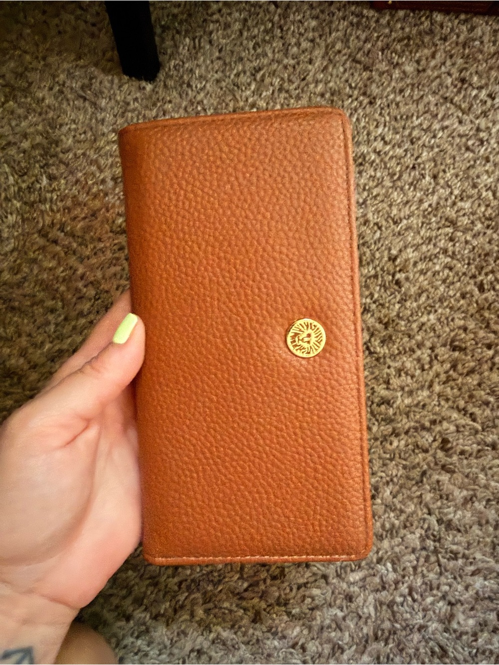 Women's Brown Leather Long Wallet with Gold Emblem